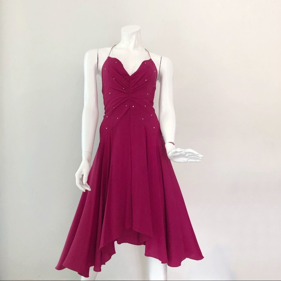SOLD - VTG 80’s Ruched Crystal Magenta Dress - Picture 3 of 6